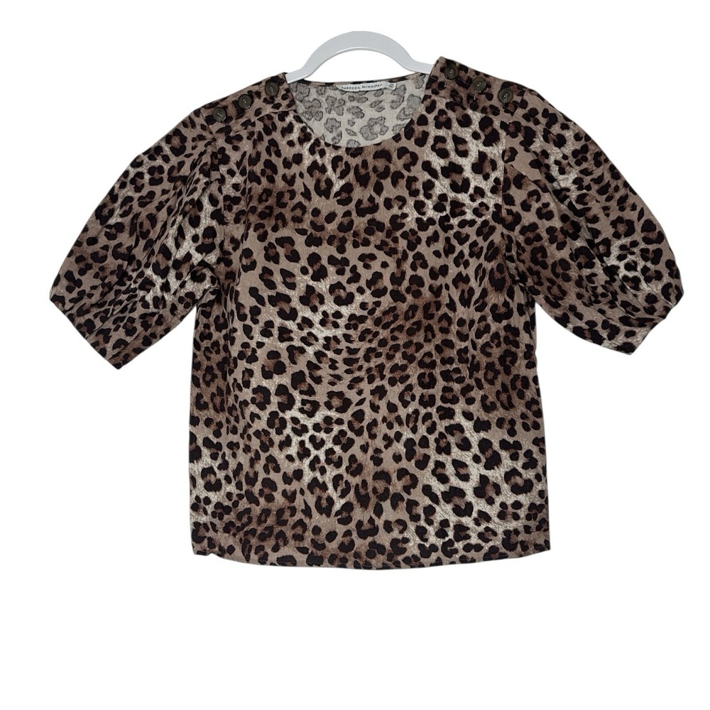 RM Rebecca Minkoff Top‎ Women's XS Animal Print Cheetah Short Sleeve Linen Blend